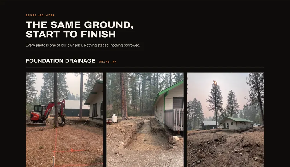 Before and after photos of a foundation drainage job