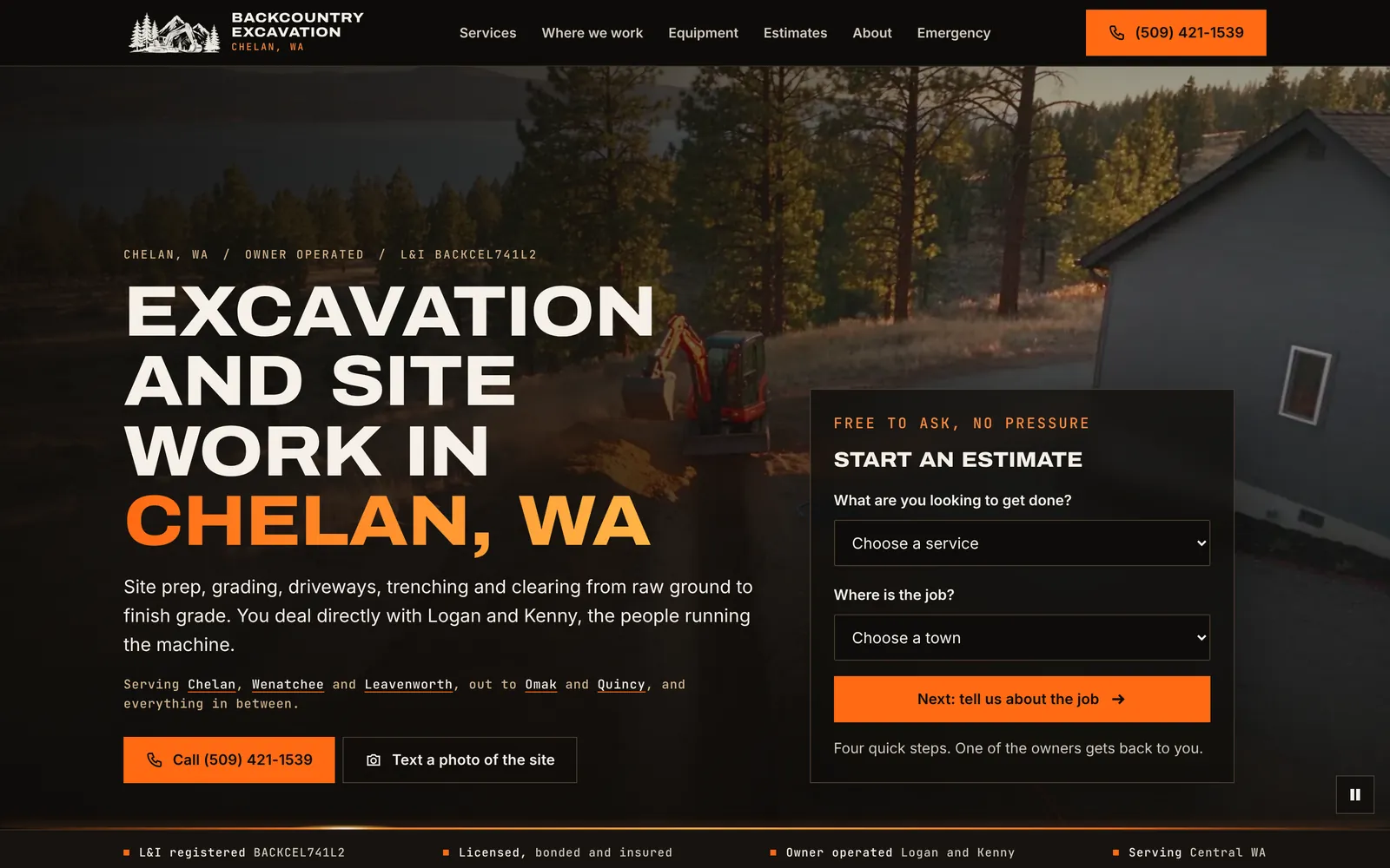 The Backcountry Excavation home page on a desktop screen