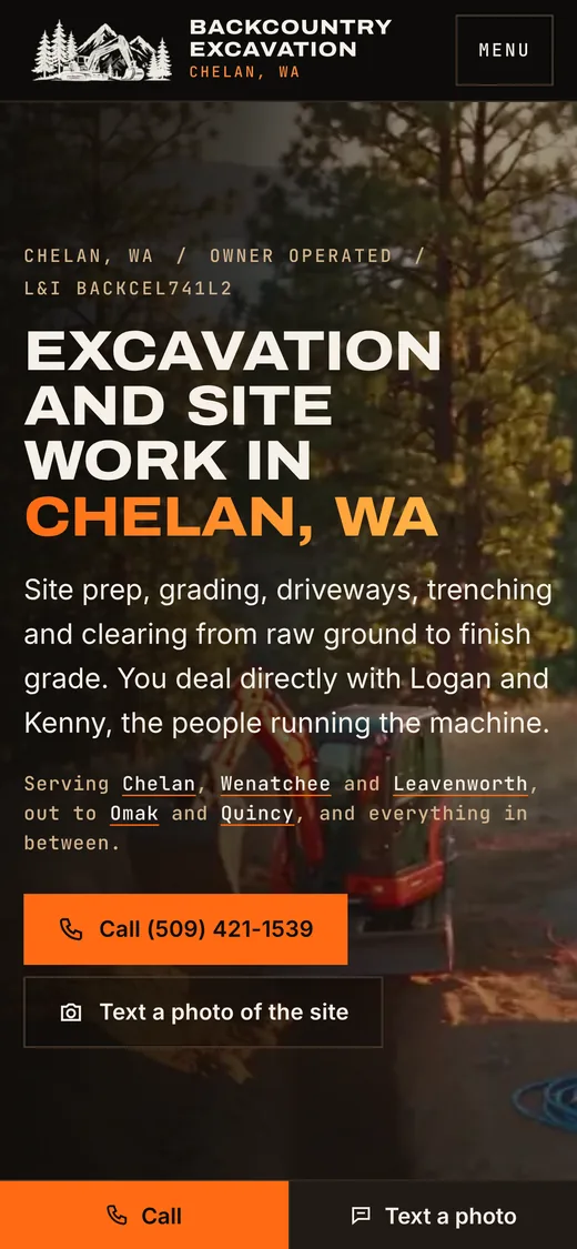 The Backcountry Excavation home page on a phone, with call and text buttons