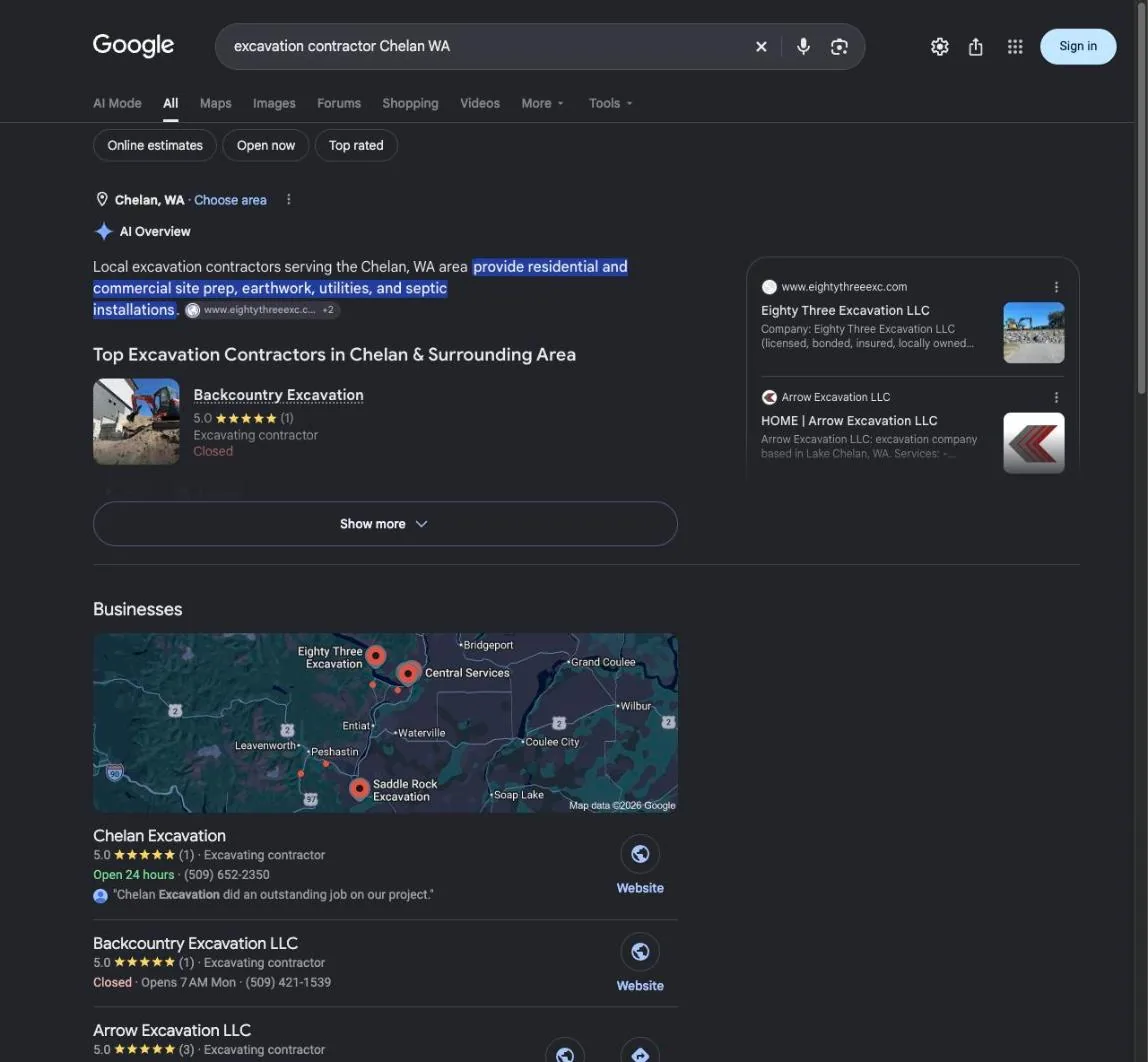 Google results for excavation contractor Chelan WA, with Backcountry Excavation listed first in the AI answer and second on the map